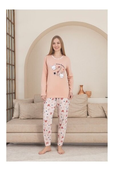 berfin - Round-neck women's pajamas, Light brown, Cute Rabbits print, L