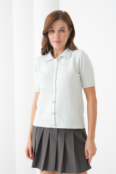 Arbucky Women's Shirt Collar Silver Button Sequin Short Sleeve Knitwear Cardigan