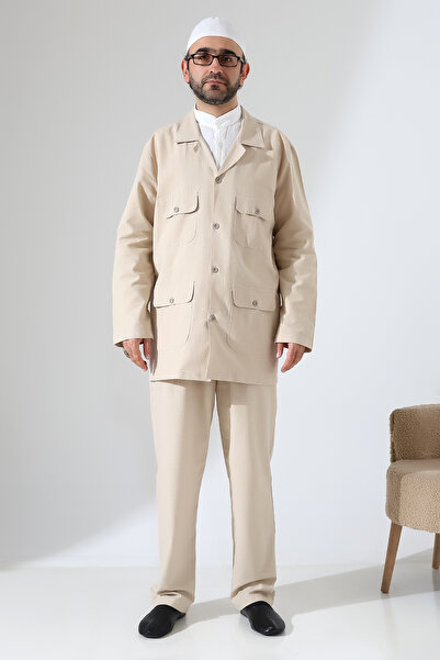 ihvan online Men's Linen Double Safari Suit - Hajj and Umrah Clothing Beige (Sfa)