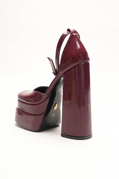 Ayakkabı Ateşi Burgundy Patent Leather Double Platform Chunky Heel Women's Shoes - Ankle Strap Blunt Toe Evening Dress Shoes