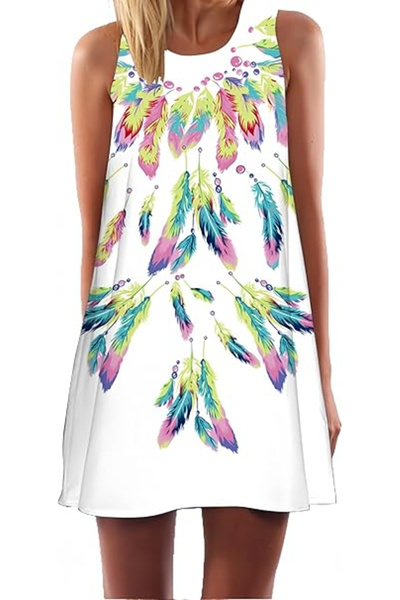 OEM Short, airy beach dress, sleeveless, white with multi-colored feathers, 2XL 42-44 EU