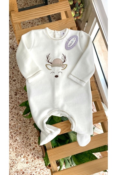 Happy Moon Bebek giyim ekru kadife geyik nakışlı tulum noel şapka kışlık ısıtıcı yumuşak pamuklu