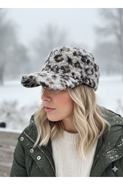 Trend Şapka 19005 Leopar Desen Gri Kırçıllı Kep Şapka