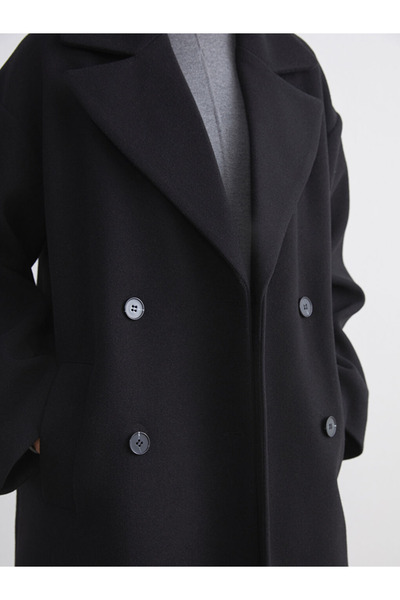 LC Waikiki Modest Black Jacket Collar Women's Cashmere Coat