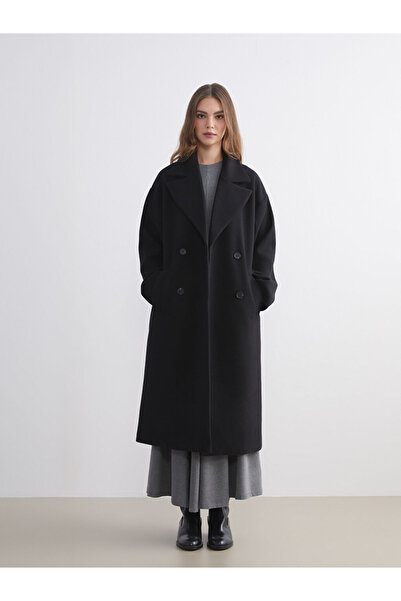 LC Waikiki Modest Black Jacket Collar Women's Cashmere Coat