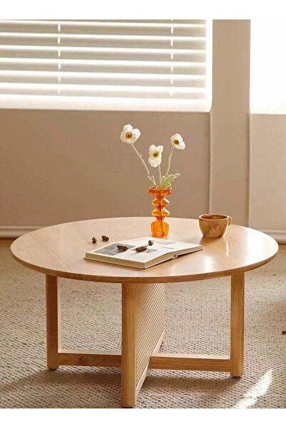 Raffine Mid-Century Solid Wood Rattan Coffee Table - Round Centre Table for Living Room or Office,