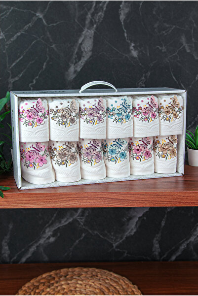 ihvan online 100% Cotton 3D Butterfly Embroidered 12-Piece Dowry Towel Set for Mother and Daughter 50X90 cm - 00030