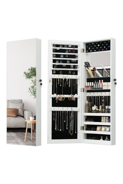 YESMAX خزانة مجوهرات بمرآة، منظم 2 في 1، خزانة مجوهرات مثبتة على الحائط بباب قابل للقفل مع أرفف