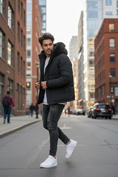 dehaine Men's fur jacket, detachable hood, A2333