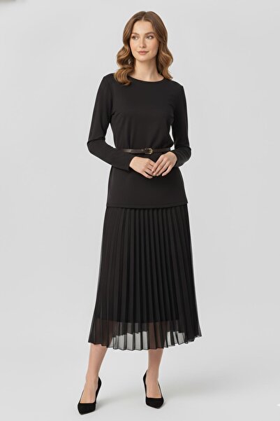 Puane Жіноча сукня з поясом і складками - 12654ELB