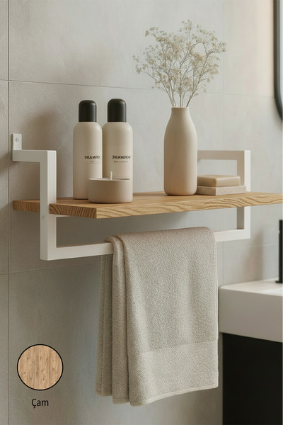 Euromob 60x20 cm, Banyo Rafı, Duvara Monte, Havluluk, 1 Katlı, Dekoratif Düzenleyici, Organizer, Beyaz Metal