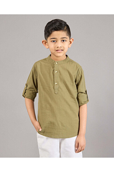 REDTAG Boys Olive Mandarin Collar Kurta Shirt