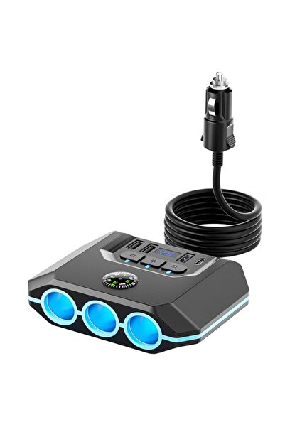 SMART BARRY محول شاحن سيارة C803 7 في 1، موزع ولاعة ثلاثي بقوة 120 وات مع شحن سريع عبر USB وشاشة LED