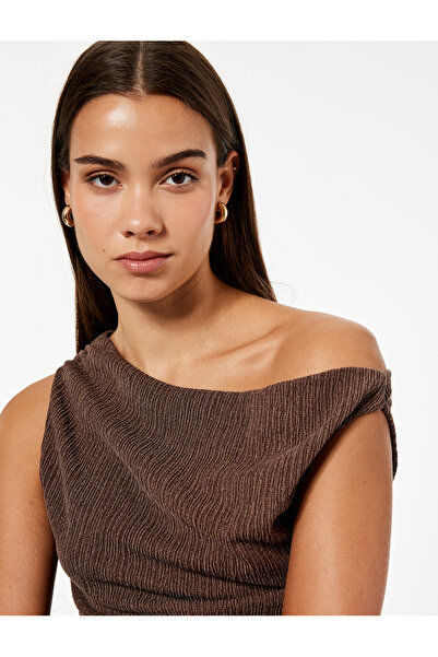 Koton Viscose Blend Drape Detailed Textured Asymmetrical Neckline Sleeveless Blouse