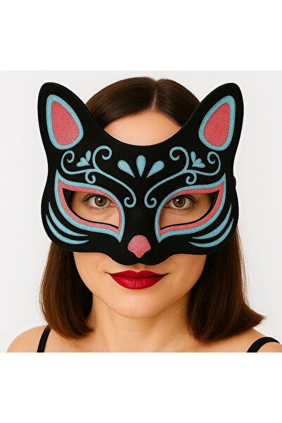 magicool Black Color Suede Coated Blue Red Glitter Cat Mask 17x14 Cm