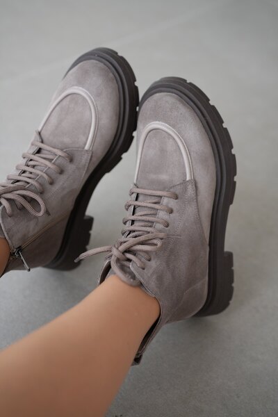 selin shoes Γυναικείες μπότες Nivora από γνήσιο δέρμα με κορδόνια και φερμουάρ στο πλάι - ΓΚΡΙ ΣΟΥΕΤ