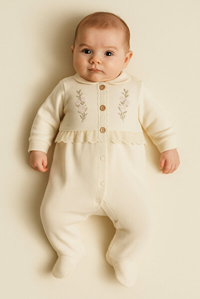 Katia&Bony Lace Floral Embroidered Baby Girl Romper Ecru