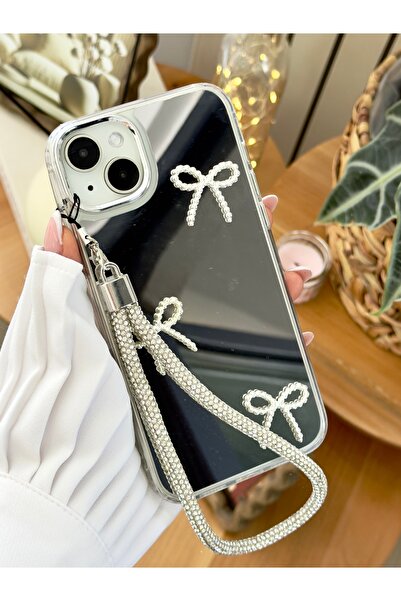 Go Aksesuar iPhone 14 Plus - 15 Plus Compatible Mirrored Charm Bow Design Edged Silicone Case