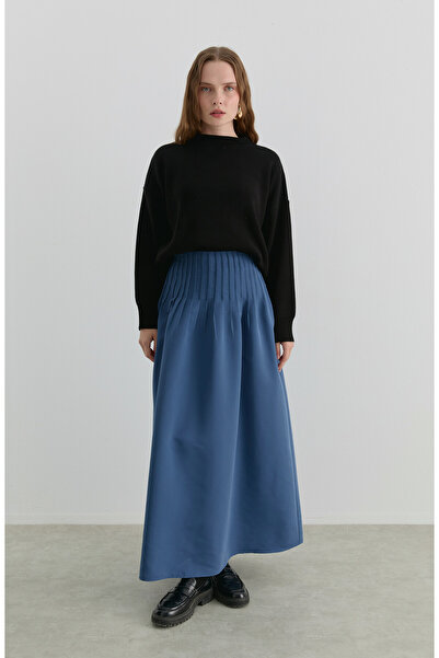 Fatma Atasoy Nervürlü İndigo Trenç Etek