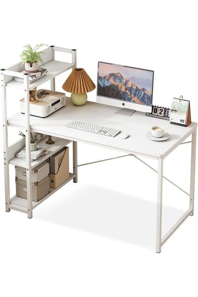 ZUIHAO Computer Study Table with 4-Tier Shelves，Modern Home Desk with Bookshelf for Home Office Workstation