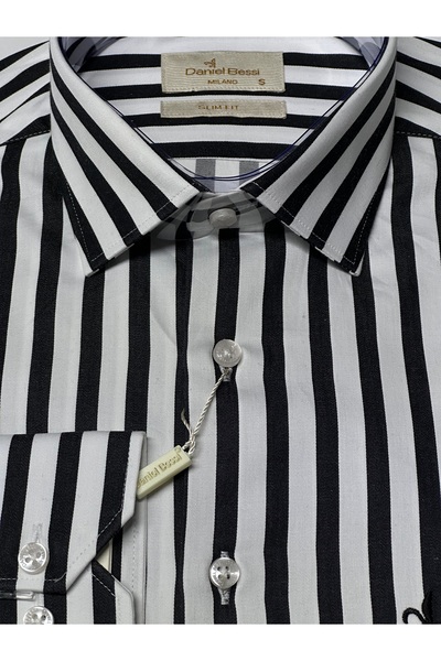 Daniel Bessi Μακρυμάνικο εφαρμοστό 100% βαμβακερό σατέν χωρίς τσέπες ριγέ κλασικό ανδρικό πουκάμισο GML-705