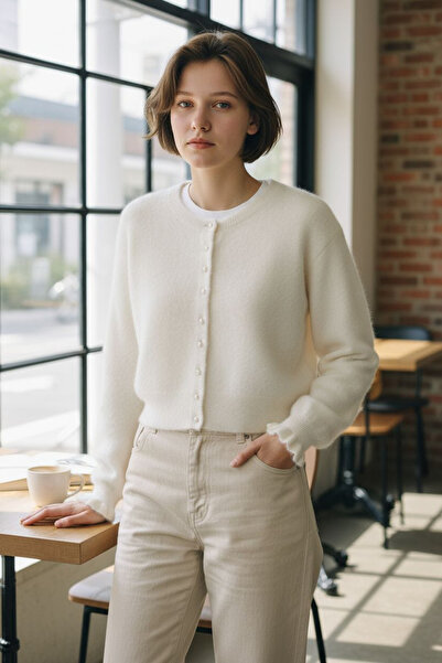 H&E LUXURY DESIGN Women's Soft Textured Beard Yarn Sleeve Ruffle Detailed Cardigan