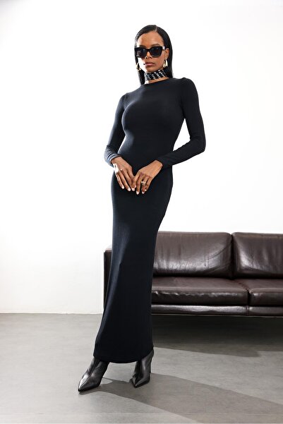 5in1Canpolat Black Long Sleeve Basic Dress 2628