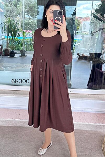 İnce Topuk Φόρεμα με τετράγωνο γιακά και λεπτομέρεια με κουμπιά 6k300