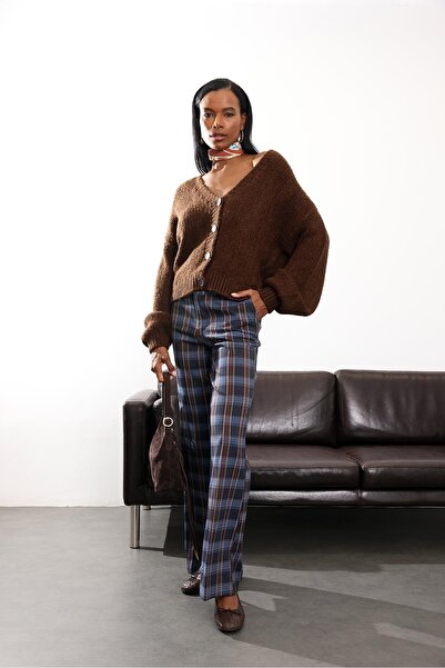 5in1Canpolat Navy Blue Plaid Fabric Trousers