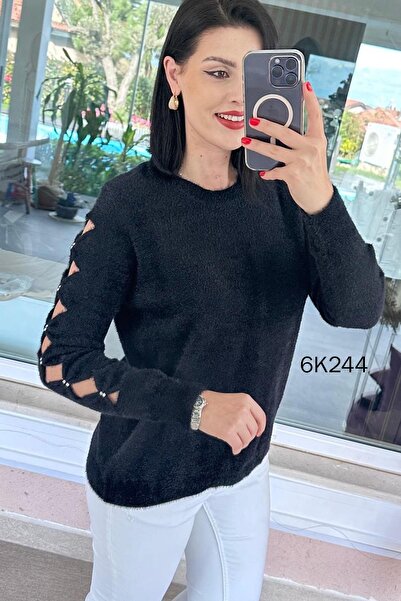 İnce Topuk Bearded Knitwear Blouse with Stone Sleeves 6K244