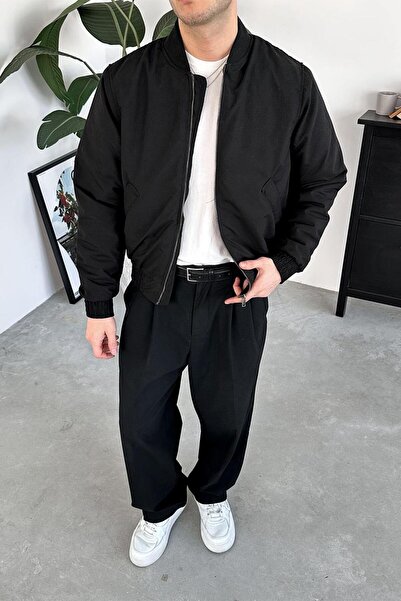 HAFKAGİYİM Black Bomber Jacket with Elastic Waist