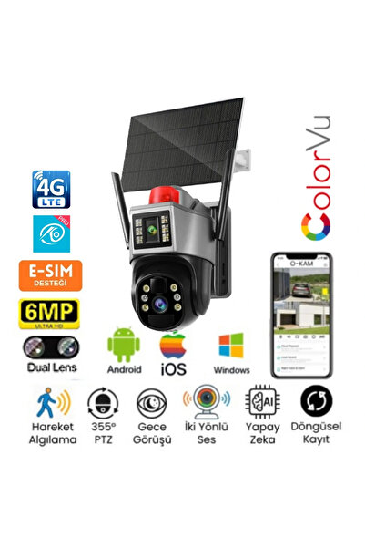 O-KAM OKAM 7015 4G 6mp Dual Lens Güneş Panelli Solar Sirenli Güvenlik Kamerası