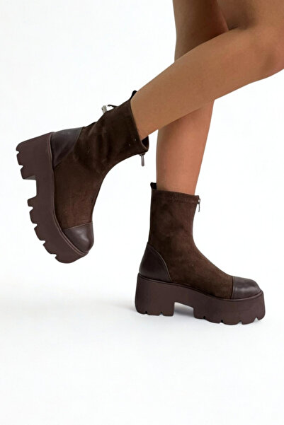 inizio Μπότες καφέ σουέντ με χοντρή σόλα P9021