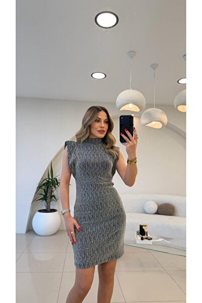 Şulenin Butiği GRİ FULL TAŞLI KOLSUZ MİNİ ELBİSE