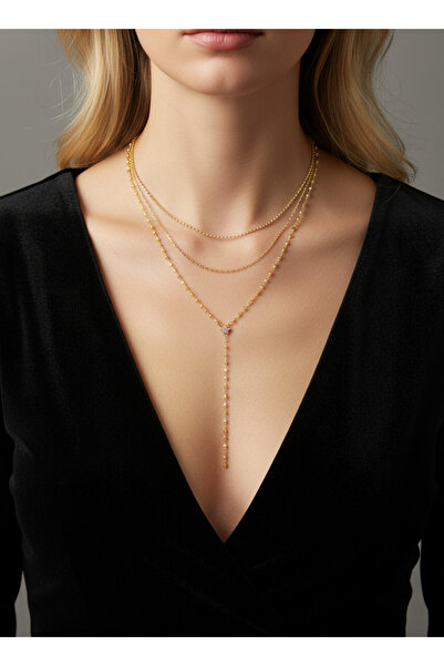 BRZ COLLECTION 3 Katmanlı Gold Yıldız Detaylı Kolye – Uzun İnce Sarkıt Tasarı...