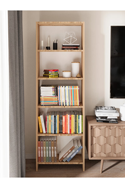 KZY Mobilya 5 Raflı Kitaplık Raf Kütüphane Meşe