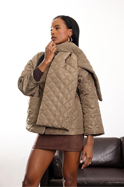 5in1Canpolat Brown Quilted Coat with Scarf Detail 0762