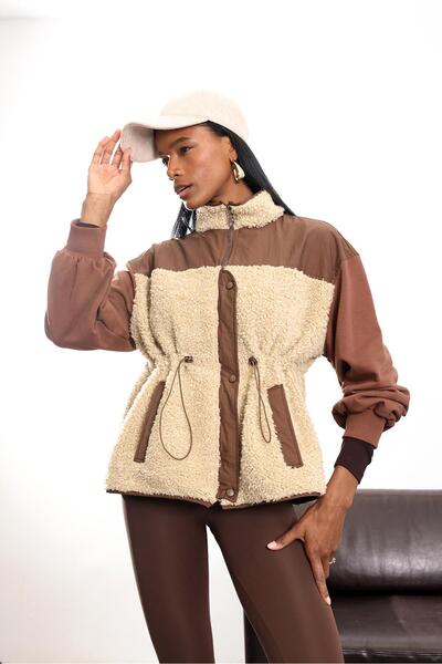 5in1Canpolat Brown Patchwork Plush Coat 36911