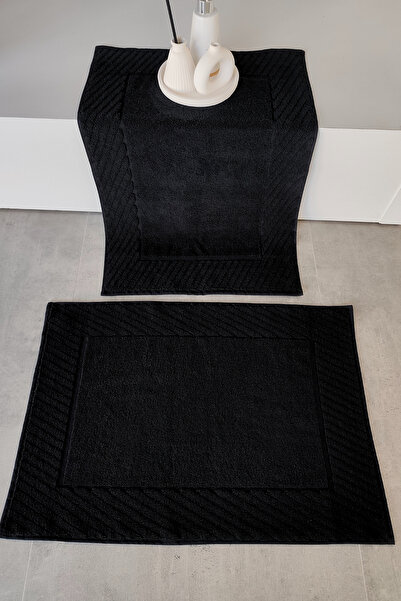 Sevim Set of 2 Diagonal Striped Foot Towels - 100% Cotton Towel Set - 50X70 cm - Black