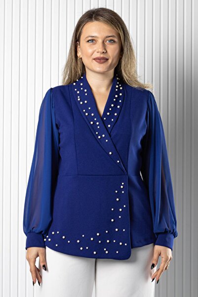 SUBU TASARIM Μπλούζα με μανίκια από σιφόν με λεπτομέρεια από πέρλες S μπλε κοβαλτίου TBS984