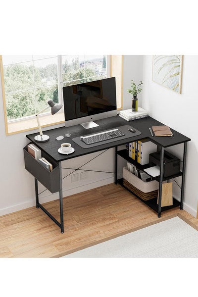 ZUIHAO مكتب كمبيوتر على شكل حرف L، مكتب زاوية على شكل حرف L مع أرفف تخزين قاب...