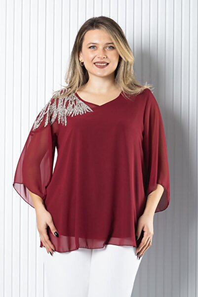 SUBU TASARIM One Shoulder Embroidered Chiffon Blouse Burgundy Tbs972