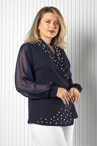 SUBU TASARIM Блузка з шовковою деталлю та рукавами з шифону, темно-синя TBS984