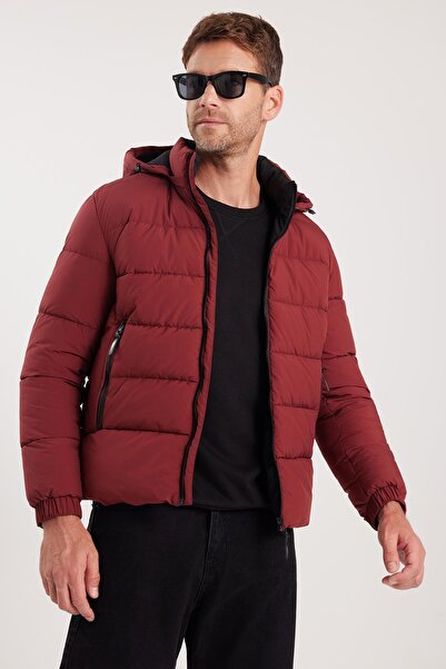 Tudors Men's Relax Fit Relaxed Fit Double Pocket Removable Hooded Maroon Inflatable Coat