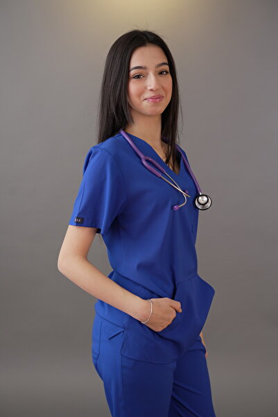 Qule Üniforma Saks Mavisi Unisex Atlas Kısa Kol Kanguru Cep Hemşire & Doktor ...