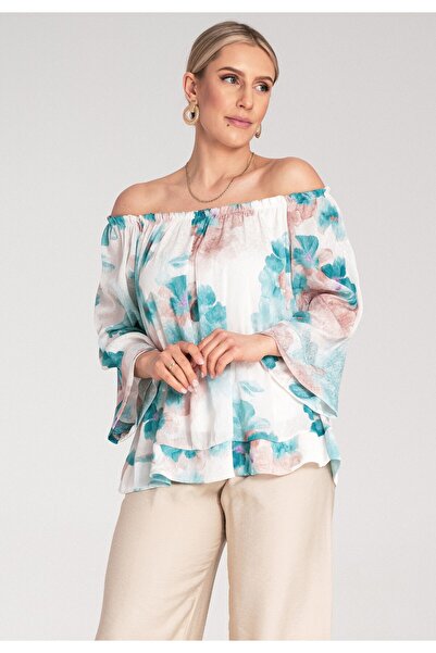 Figl Floral blouse - Puff sleeve blouse - Turquoise blouse M1142 size S/M
