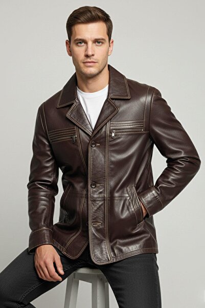 Deriderim Brown William Button Closure Lined Men's Genuine Leather Jacket with Zipper Pocket Detail on the Chest