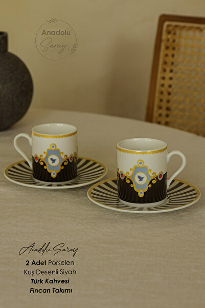 Anadolu Saray 2 Pieces Porcelain Bird Patterned Black Turkish Coffee Cup Set of 2