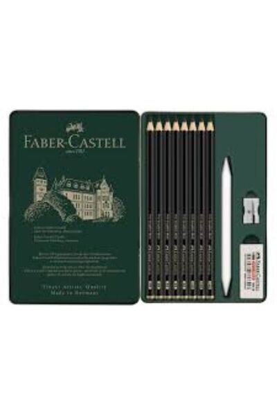 Faber Castell أقلام رصاص بيت‎ مات -طقم علبة حديد صغير ( 11 قطعة)