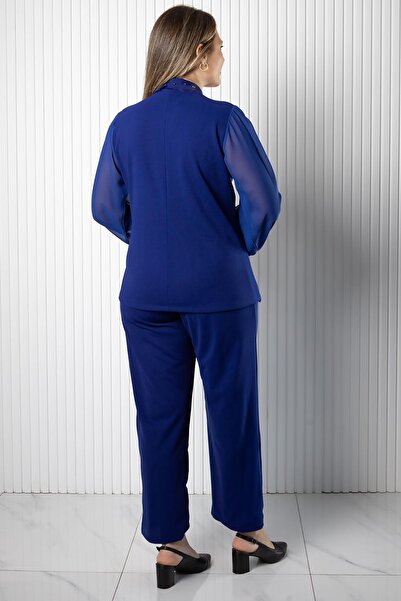 SUBU TASARIM Σετ μανίκια σιφόν διπλό πέτο τεμαχίων μπλε κοβαλτίου TBS966